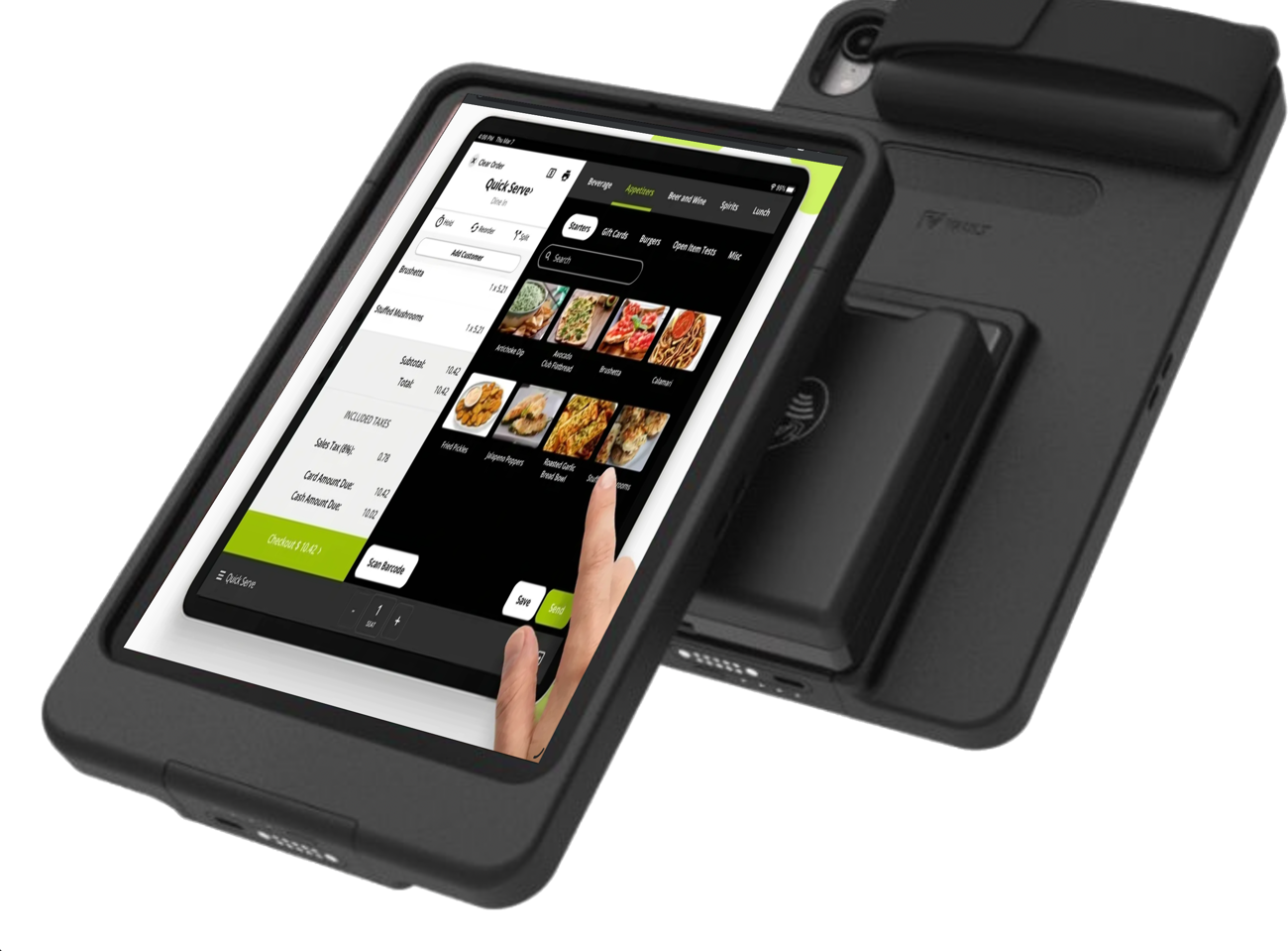 Lavu POS handheld terminal showing a restaurant menu with dual pricing — separate cash and card amounts due