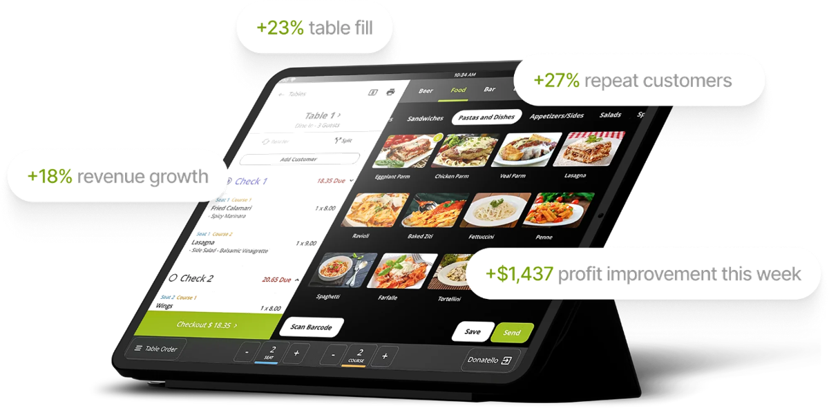 Lavu POS tablet showing a restaurant table order alongside Marty AI performance insights