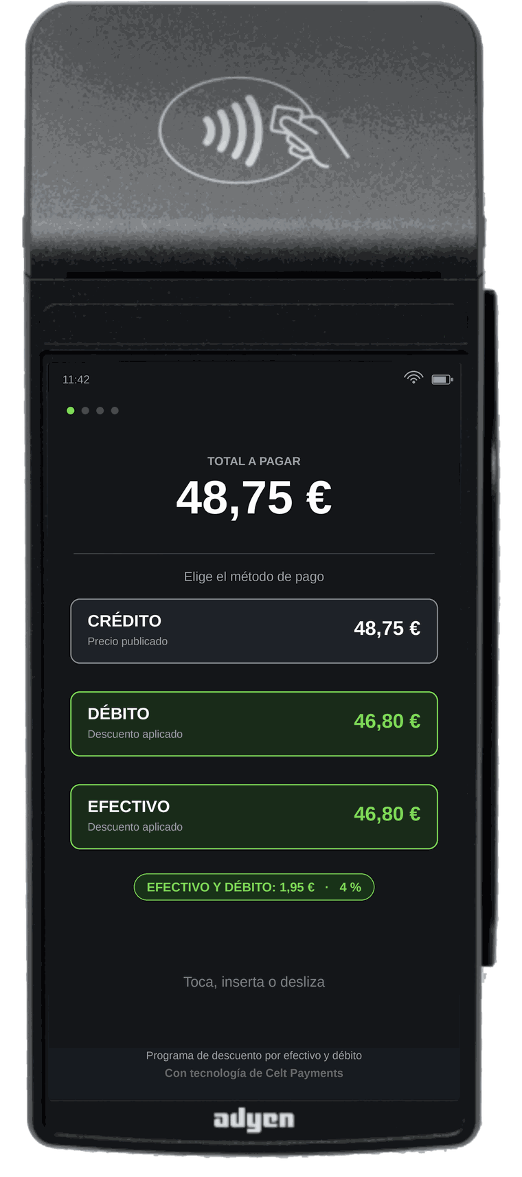 Terminal portátil Adyen S1F2 con crédito al precio publicado y débito y efectivo al precio con descuento